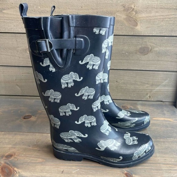 Capelli New York Shoes - Capelli New York Womens Rain Boots Blue White Elephant Print Mid Calf Pull On 9